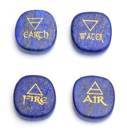 Set of 4 Small Size Chakra Healing Crystal Engraved Reiki 4 Elemental of Earth Water Air Fire Palm Stone with a Pouch1114579