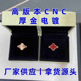 Vancleff High End jewelry Rings for womens Silver Clover Double Sided Ring CNC Natural Red Chalcedony Thick Gold Electroplating 18K Original 1:1 With Real Logo and box