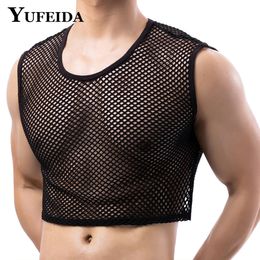 YUFEIDA Sexy Hollow Out Crop Top Mens Mesh Fishnet Tanks Tops Male Muscle Shirts See Through Fishnet Undershirt Clubwear Costume 240529