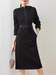 Casual Dresses Vintage Hooded One Piece Dress Women Solid Y2k Retro Party Slim Female Korean Fashion Design 2024