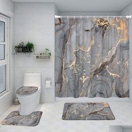 Shower Curtains Abstract Marble Curtain Set Gold Texture Grey Pattern Modern Luxury Bathroom Decor Non-Slip Rug Bath Mat Toilet Lid Er Otp9L