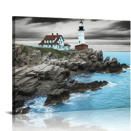 Black and White Blue Wall Art Lighthouse Picture Seascape Canvas Painting Nature Ocean Beach Landscape Artwork Prints Posters Home Bedroom Bathroom Decor Framed.