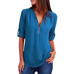 Womens Blouses Shirts Women Zipper Front T V Neck Solid Colour 3/4 Rolled Sleeve Casual Blouse Tunic T-Shirt Office Tops Drop Delivery Otvyq
