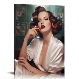 Fashion Poster Beauty Wall Art Women Hair Curlers Pictures Sexy Red Lipstick Lips Wall Art Canvas Posters Prints Picture for Living Room Bedroom Office Kitchen Decor