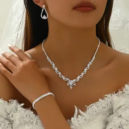 4/3 Pieces Set Delicately Wedding Jewelry Set for Women, Floral Necklace Dangle Earrings Bracelet Cubic Zirconia Elegance Prom Party