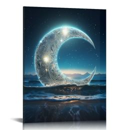 Wall Art Canvas Print Moon Sea Ocean Landscape Full moon Picture Painting Framed and Stretched Ready to Hang for Living Room Bedroom Office Home Decor Artwork