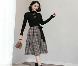 Casual Dresses Korean Fashion Long Sleeve Dress Women Clothing Patchwork Plaid Lace Up ALine Knitted Elegant Winter Midi Sweater2704359