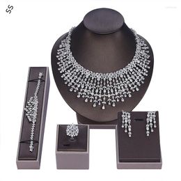 Necklace Earrings Set Copper Inlaid White Zircon Bridal Jewelry 4 Pieces Sets Tassel Chain Ring Bracelet For Women Wedding Accessory