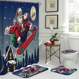 Shower Curtains Santa Claus Skateboarding Pattern Bathroom Christmas Print Toilet Mat Curtain Holiday Party Home Decor