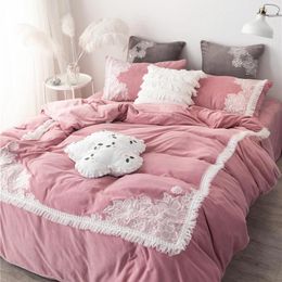 Bedding Sets Pink Princess Style White Lace Flowers Embroidery Girl Fleece Fabric Set Flannel Duvet Cover Bed Sheet/Linen Pillowcases