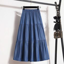 Skirts Womens soft denim midi skiing blue jeans elastic waist tie up long fins summer retro casual day wear Y240528
