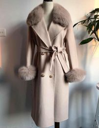 Women Cashmere Coat with Real Fur Collar and Cuff Long Warm High Quality Outwear with Belt6655255