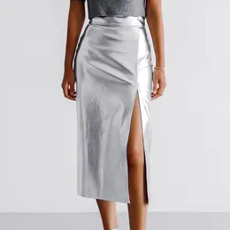 Skirts Silver Sexy Midi Leather For Women 2024 Autumn Winter High Waist Pencil Skirt Front Slit Party Club Y2K Clothes