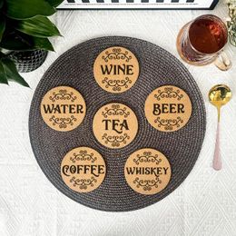 Table Mats Wine Beer Whiskey Tea Water 6pcs/Set Creative Engraved Round Cork Coasters For Coffee Cups Mugs Drink Holder And Tableware
