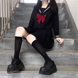 Japanese School Uniform Girls Plus Size Jk Suit Red Tie Black Three Basic Sailor Women Long Sleeve 240530