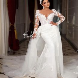 Gorgeous Mermaid Wedding Dresses With Detachable Train Appliques Lace Two Pieces 2 In 1 Long Sleeve Church Bridal Gowns 2024 Sweep Train Country Garden Bride Dress