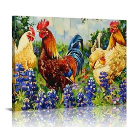 Chicken Canvas Wall Art for Kitchen Farmhouse Rooster Art Painting Chicken in Flower Field Artwork Prints Framed for Home Decor