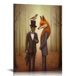 Canvas Print Wall Art for Bathroom Kitchen Wall Decor Crow Fox Rabbit Bear Forest Picture Painting Contemporary Artwork Stretched and Framed