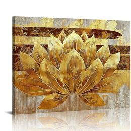 Gold Lotus Flower Wall Art Abstract Golden Floral Painting Canvas Prints Zen Artwork for Home Office Living Room Decor Gallery Wrapp Ready to Hang
