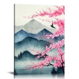 Japanese Wall Art Cherry Blossom Tree Pictures for Wall Decorations Pink Wall Decor Floral Wall Pictures for Bathroom Canvas Art for Bedroom Framed
