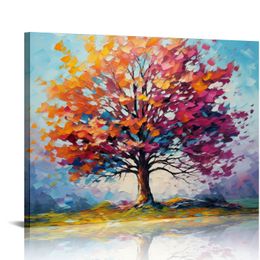 Modern Hand-Painted Tree Art Oil Painting Acrylic Abstract Wooden Frame Canvas Wall Art for Living Room Bedroom Office Hanging Art Residence Decorations