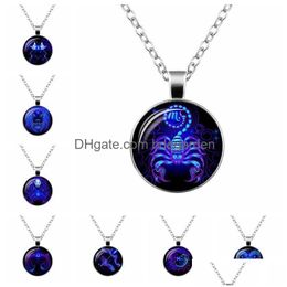 Pendant Necklaces 12 Zodiac Sign Necklace Glass Cabochon Double Galaxy Constellation Horoscope Astrology For Women Men Jewellery Drop De Dhfos