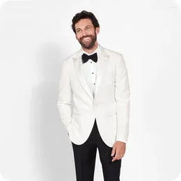 Men's Suits Ivory Men Wedding Satin Peaked Lapel Slim Fit Groom Tuxedos Terno Masculino Latest Coat Pant Designs Costume Homme 2Piece