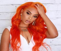 New celebrity style Orange Colour Hair Wigs Natural Long Wave brazilian hair Wigs Heat Resistant Synthetic Lace Front Wigs for wome5358430