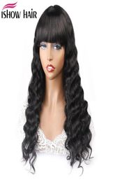 ishow brazilian remy human hair bang wigs pre plucked natural black straight wave full machine made lace front wigs body wave 15028680537