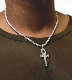 Men Women Egyptian Ankh Key Necklaces Bling 18K Gold Plated 3mm Tennis Chain Rhinestones Crystal Cross Iced Out Pendant3459187
