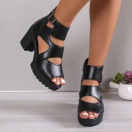 Slippers European and American High Heel Sandals Womens 2024 New Sexy Gladiator Black Square Buckle Thick Heel Fish Mouth Sandals Luxury T240530