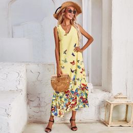 Casual Dresses Butterfly Printed Boho Dress 2024 Plus Size 5xl Long Summer Woman Sleeveless Girls Beach Maxi Women