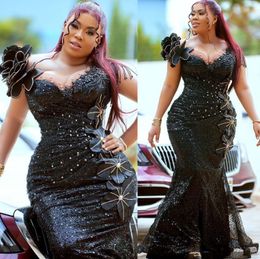 2024 Aso Ebi Plus Size Black Mermaid Prom Dress Florals Crystals Evening Formal Party Second Reception 50th Birthday Engagement Thanksgiving Gowns Dresses