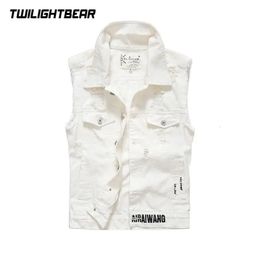 White Mens Denim Vest Male Sleeveless Jacket Coat 4XL Vintage Hole Steetwear Casual Vest Men Waistcoat Brand Clothing AF1002 240531