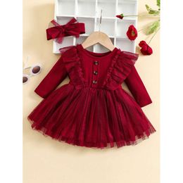 Two-Piece Baby Girl Romantic Small Flying Long Sleeve Ruffled Mesh Dress + Bow Headscarf Spring And Autumn L2405