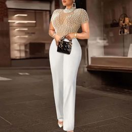 Elegant Jumpsuits Rompers for Women O Nec Short Sleeve Beaded High Waisted Luxury Female Birthday Dinner Party Overalls Outfit 240527