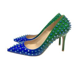 Women039s Shoes 2021 Fashion Gradient Rivet Spiked Studded High Heeled Luxurys Sexy Stiletto Heels Lady Thin Heel 10cm Pointed 1869662