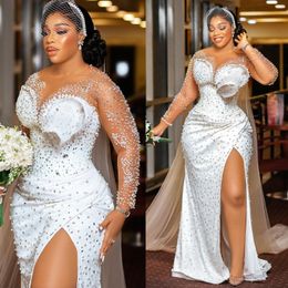 2024 Arabic Aso Ebi Plus Size White Luxurious Mermaid Wedding Dress Pearls Crystals High Split Bridal Gowns Dresses ZJ0266