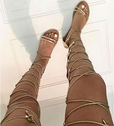 Summer Sexy Ladies Gold Rope Sandals Thin Strappy Thigh High Flats Crosstied Lace up Boots Women Hollow Out Long Botas T2004253902620