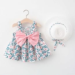 2pcs Summer Baby Girls Beach Princess Dress Cute Bow Flowers Sleeveless Cotton Toddler Dresses+Sunhat Newborn Clothing Set L2405 L2405