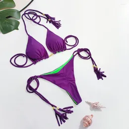 Women's Swimwear 2Pcs/Set Sexy Women Bikini Set With Tassels Halter Bra High Waist Lace-up Briefs Summer Beachwear