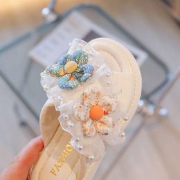 Girls Summer Kids Beach Shoes Slides With Cute Flowers Princess Sweet Flat Open Toes Children Outdoor Slippers