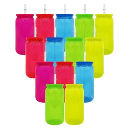 Recyclable kids children can shaped Fluorescent Colour 16oz plastic Acrylic soda can water bottle with Colourful pp lids for UV DTF wraps 50 pack ready to ship