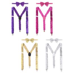 2Pcs Women Adults Shiny Sequins Elastic Y Shape Adjustable Braces Pant Suspenders Shoulder Straps with Bow Tie for Cosplay Party ZZ