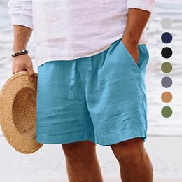 Mens summer cotton and linen shorts with drawstring elastic waist straight legs solid color breathable daily beach capris 240531