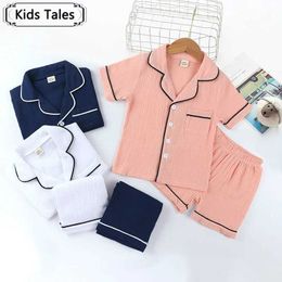 Pajamas Kids Pajama Sets for Boys Girls 3-8T pure color cotton linen Outfits Set Short Sleeve Blouse Tops+Shorts Sleepwear Pajamas Soft Y240530