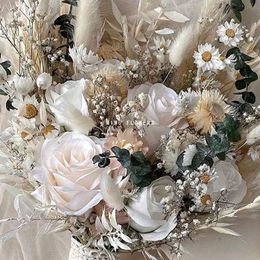Natural Dried Flowers Artificial Roses Bridal Bouquet,Silk Flower Wedding Bouquet for Bride Bridesmaids,Home Boho Wedding Decor