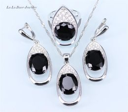 Trendy Big Black stone White Rhinestone Huge Round silver 925 Jewellery Sets For Women Drop Earrings Pendant Necklace Ring207E5543038