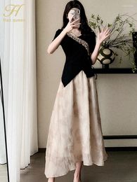 Work Dresses H Han Queen Clothing Sets Casual Two-Piece Dress V-Neck Black Tops Print Long Skirt Korean Elegant 2-Piece For Women