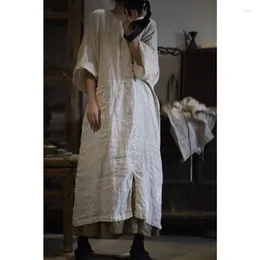 Casual Dresses Spring Summer Ramie Washed Dress Women Long Sleeves Loose Fit With Pocket Vintage Artist Japanese Streetwear